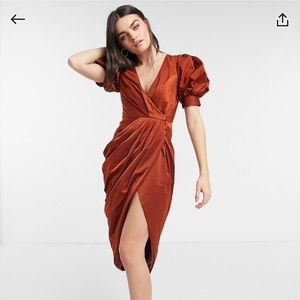 ASOS Design structure drape wrap midi dress, rust